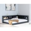 Twin size Blue Wooden Corner Storage Bed with Bookcase Headboard and USB Ports