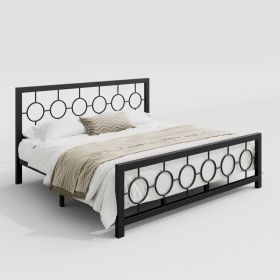 King Black Metal Platform Bed Frame with Circle Medallion Headboard Footboard