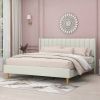 King Mid-Century Platform Bed Frame with Cream Velvet Upholstered Headboard