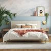 King Mid-Century Off-White Velvet Upholstered Platform Bed Frame with Headboard