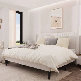 King size White Velvet Upholstered Platform Bed Frame with Wingback Headboard