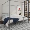 King size Dark Grey Metal Canopy Bed Frame with Headboard and Footboard