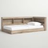 Twin size Natural Wood Corner Storage Bed with Bookcase Headboard and USB Ports