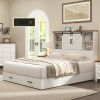 Full White Farmhouse Platform Bed with Bookcase Headboard and Storage Drawers
