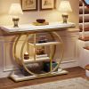 Modern Round Gold Metal Frame Foyer Console Table with White Faux Marble Shelves