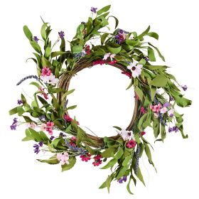 Artificial Decorative Wreath, 22 in, Pink Green, Decorated with Daisies, Babysbreath, Buds