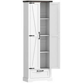71" Pantry Cabinet, Kitchen Storage Cabinet with Adjustable Shelves, Barn Doors and Drawer for Dining Room, White