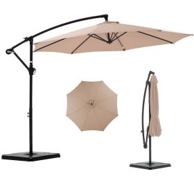 10ft Offset Hanging Outdoor Patio Umbrella with Base Stand Rotate and Tilt, 8 Ribs, UV Protection for Pool Garden Backyard Market, Khaki