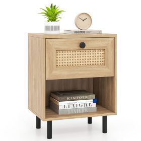 Rattan Nightstand Boho End Table with Rattan Drawer and Open Shelf