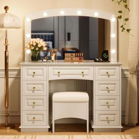 Luxurious Makeup Vanity with 10 Hollywood Bulbs, 3 Color Lighting Modes, Classic Dressing Table with Cushioned Stool and 9 Storage Drawers for Be