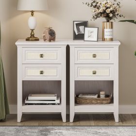 Grayish White Rattan Nightstand with Drawer Set of 2, Boho 27" Tall Bedside Table with Storage for Small Space