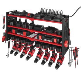 Power Tool Organizer with Charging Station, 3-Layer Drill Storage Rack with 4 Drill Holders & Side Pegboard