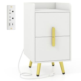 Nightstand Side Tables with 2 Drawers and 2 USB Ports (Color: White)