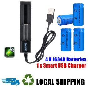 16340 RCR123A Rechargeable 3.7 V Multipurpose Li-ion button top Battery + USB Charger 1300 mAh (Quantity: 4*Batteries+1*Charger)