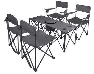 5 Pcs Camping Chair and Folding Camping Table Set, Outdoor Folding Picnic Chairs Lawn Portable Camp Table with Cooler Bag & Cup Holder for Campin (Color: grey)