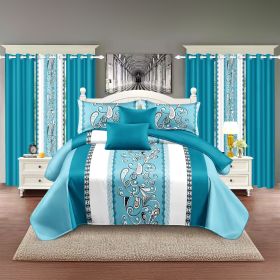 9-Piece Turquoise Paisley Bedding & Curtain Set (Queen/King/Cal King) - Quilted Microfiber Bedspread + Sheer Curtains (Color: blue/white stamen, size: CAL KING)
